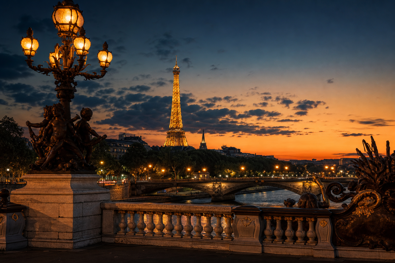 Paris at dusk — illuminated Eiffel Tower from an ornate bridge over the Seine