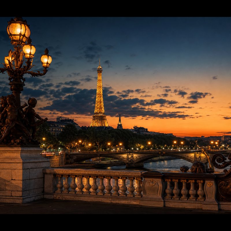Paris at dusk — illuminated Eiffel Tower from an ornate bridge over the Seine