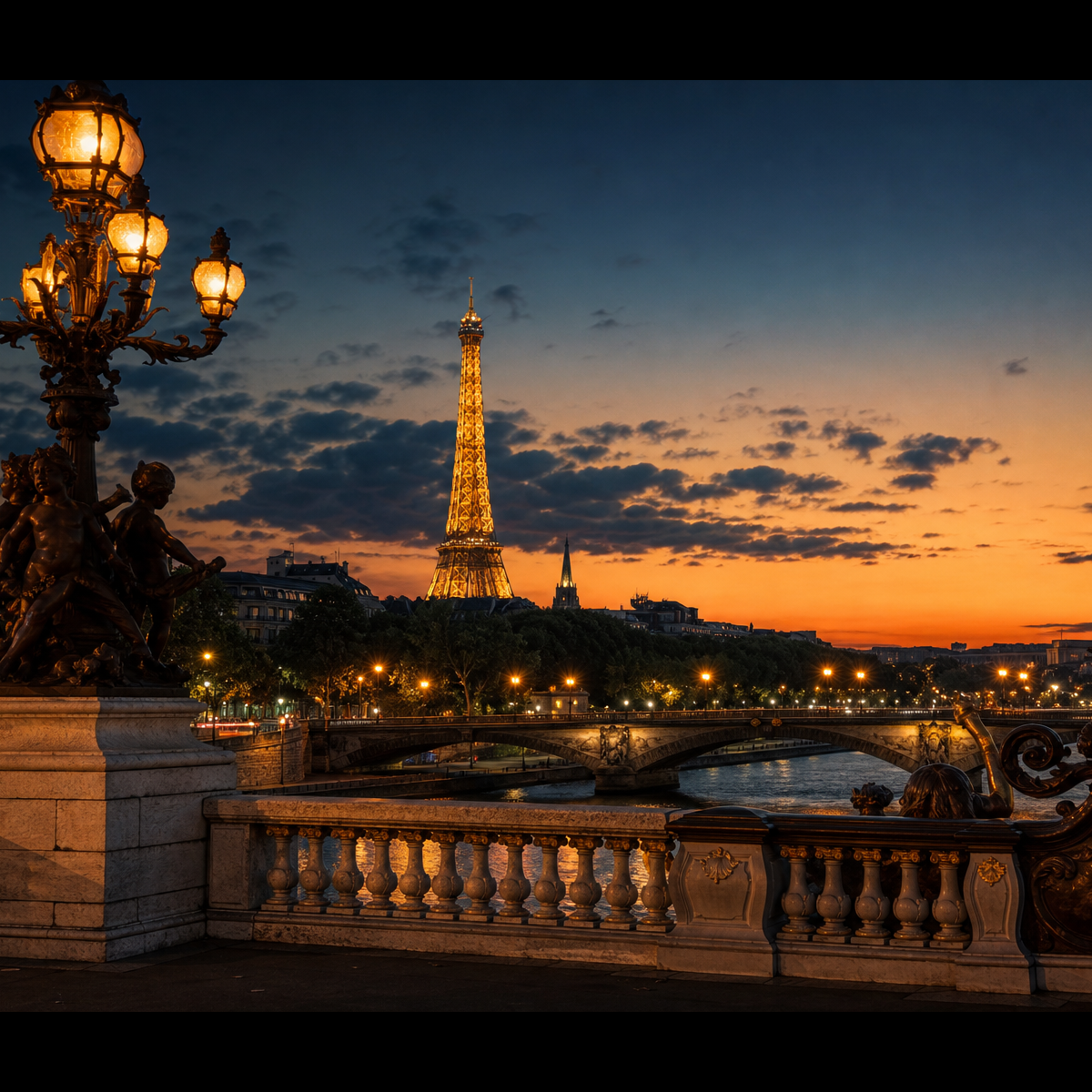 Paris at dusk — illuminated Eiffel Tower from an ornate bridge over the Seine
