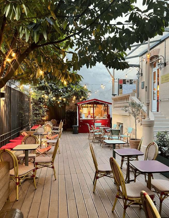 Garden terrace with string lights for informal moments