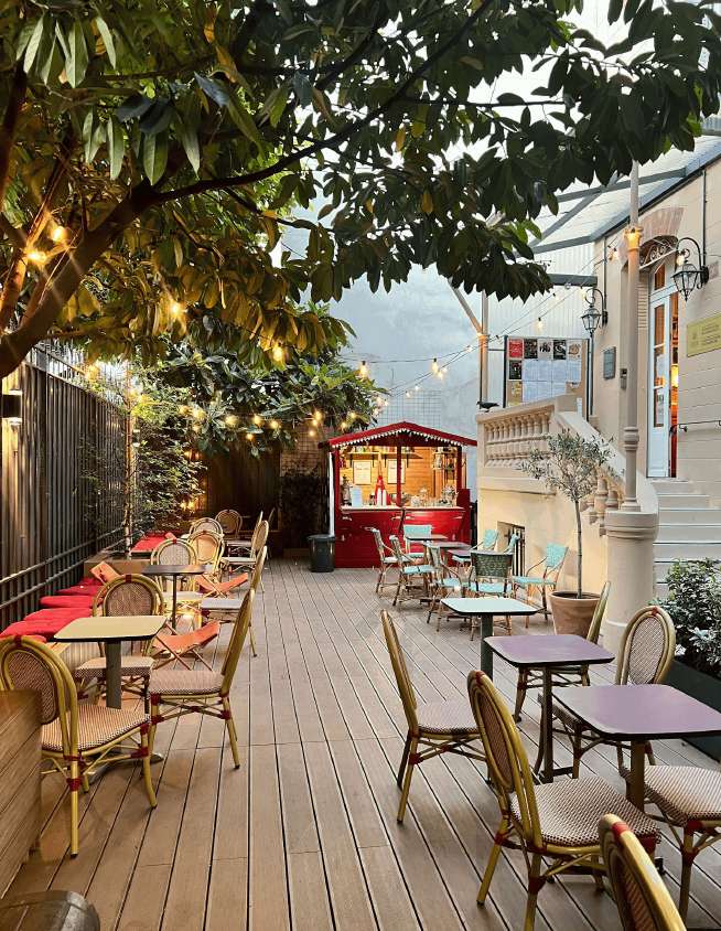 Garden terrace with string lights for informal moments